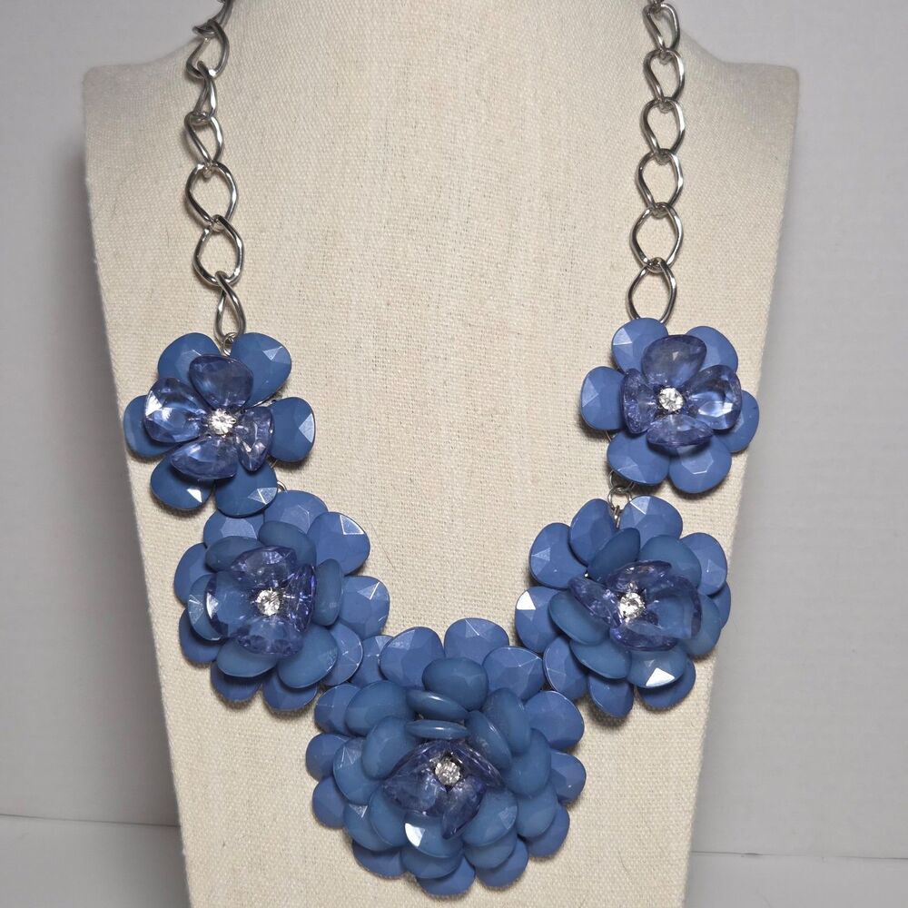 Graduated 3D Flower Statement Necklace Blue Plastic Petals w/ Clear Rhinestones